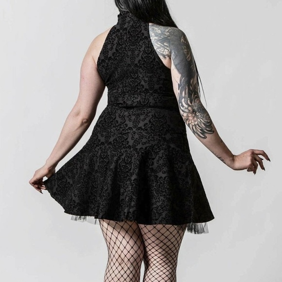 Killstar Gothic Black Velvet Damask Halter Dress Lace Up Corset Tulle Hem XXL - Picture 16 of 16